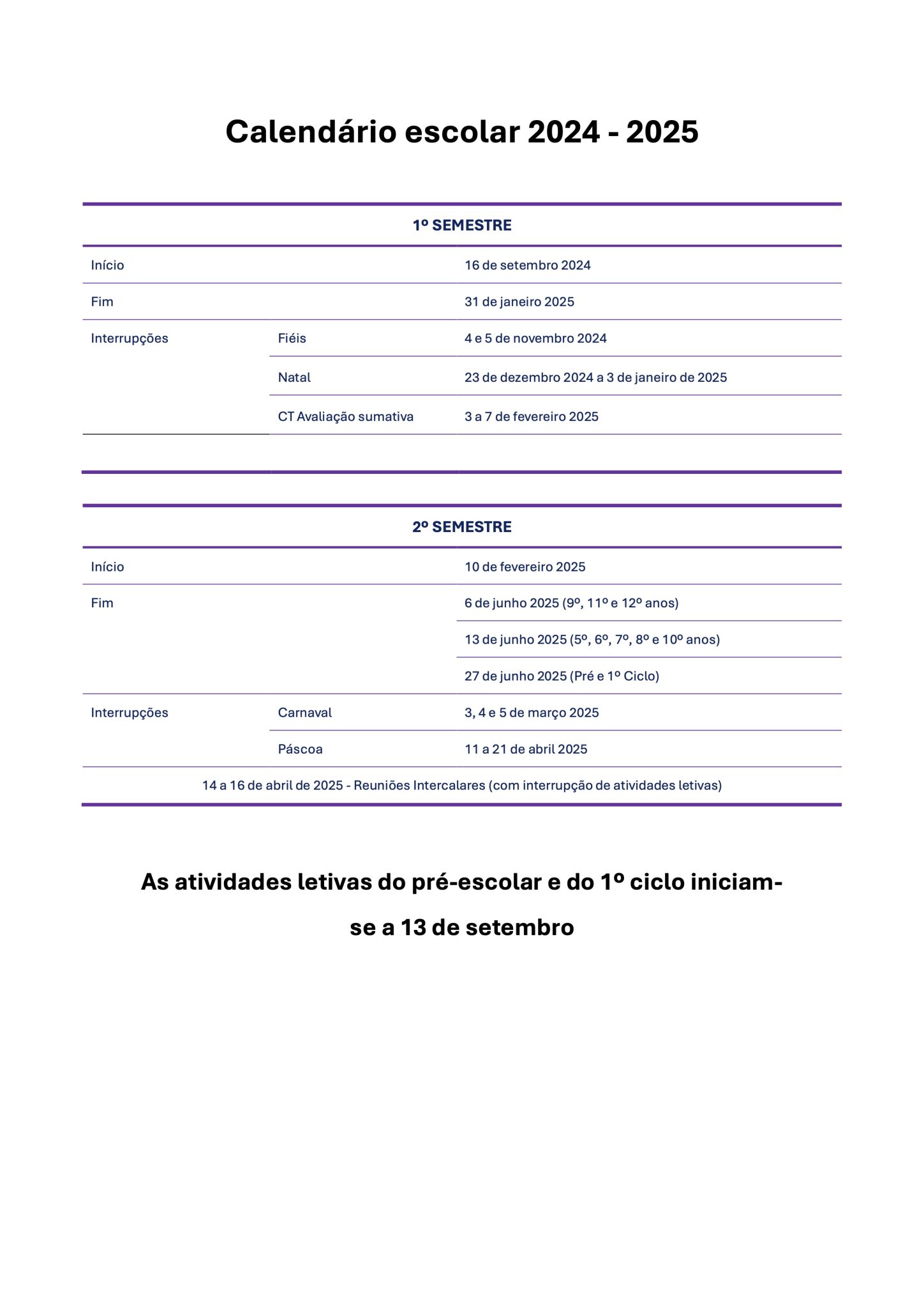 Calendário escolar 2024 2025 Agrupamento de Escolas de Aveiro